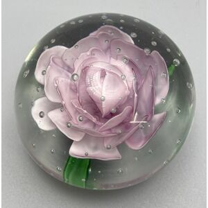 Vtg Art‎ Glass Paperweight Pink Peony Rose Flower W/ Green Leaves Bubbles Sphere